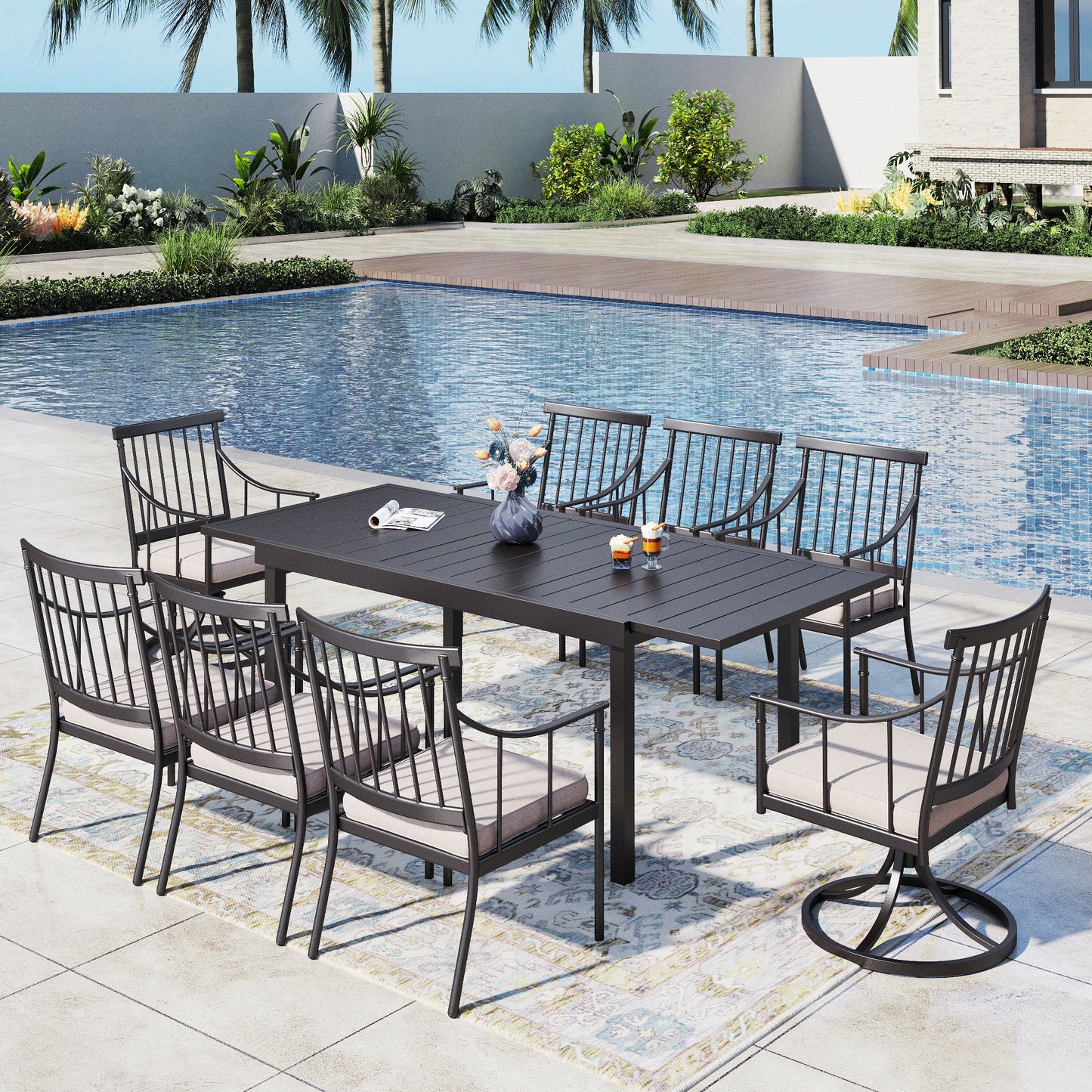 Captiva Designs 9pc Patio Dining Set with Slat-top Adjustable Steel Rectangle Table & Stylish Metal Arm Chairs