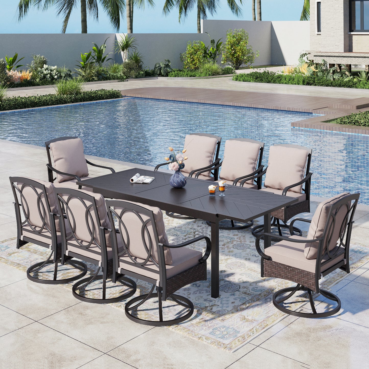 Captiva Designs 9pc Patio Dining Extendable Steel Rectangle Table & Rattan Metal Arm Chairs