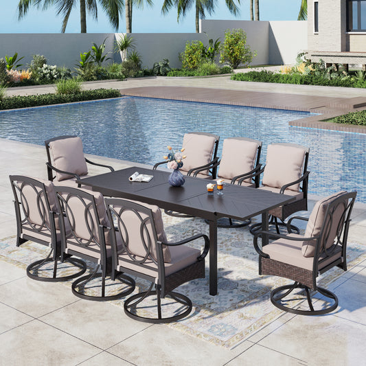 Captiva Designs 9pc Patio Dining Extendable Steel Rectangle Table & Rattan Metal Arm Chairs