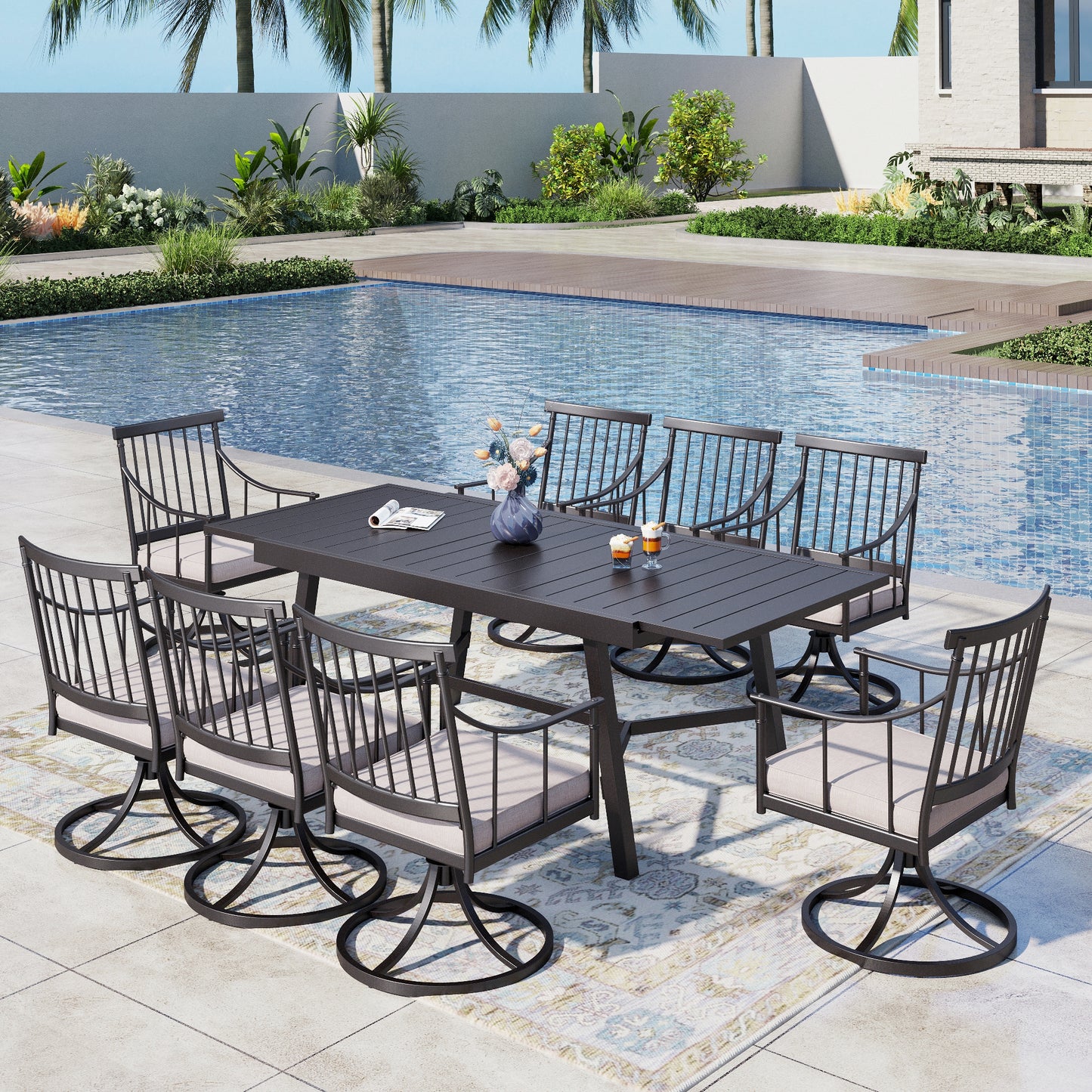 Captiva Designs 9pc Patio  Slat-top Adjustable Steel Rectangle Table & Stylish Arm Chairs with Cushions