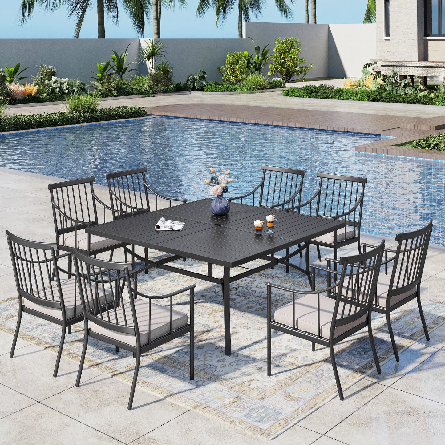Captiva Designs 9pc Spacious Slat-top Square Metal Table with Umbrella Hole & Stylish Metal Arm Chairs