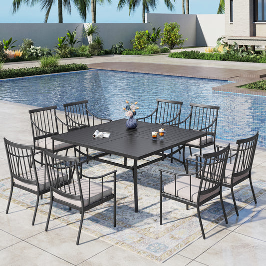 Captiva Designs 9pc Spacious Slat-top Square Metal Table with Umbrella Hole & Stylish Metal Arm Chairs
