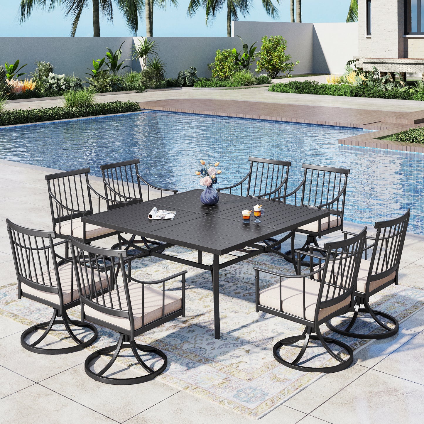 Captiva Designs 9pc Spacious Slat-top Square Metal Table with Umbrella Hole & Stylish Metal Arm Chairs