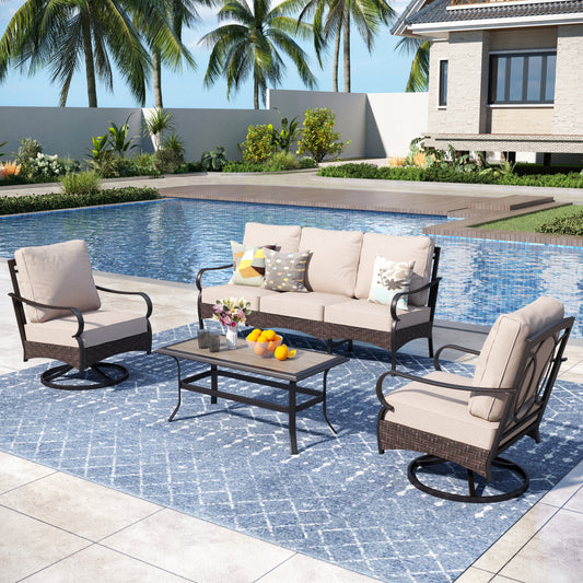 Captiva Designs 4pc Extra Large Metal and Rattan Outdoor Patio Conversation Set with Coffee Table