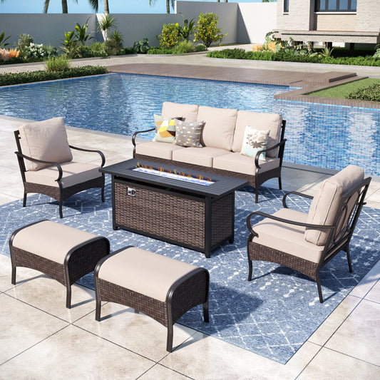 Captiva Designs 6pc Extra Large Metal and Rattan Outdoor Patio Fire Pit Set with Armchairs and Ottomans
