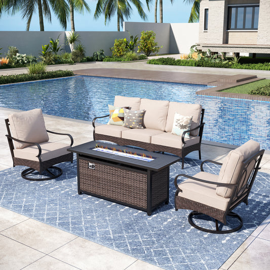 Captiva Designs 4pc Extra Large Metal and Rattan Outdoor Patio Fire Pit Set with Swivel Armchairs