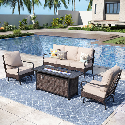 Captiva Designs 4pc Extra Large Metal and Rattan Outdoor Patio Fire Pit Set with Rocking Armchairs