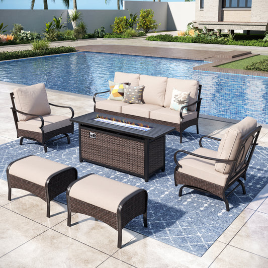 Captiva Designs 6pc Extra Large Metal and Rattan Outdoor Patio Fire Pit Set with Rocking Armchairs and Ottomans