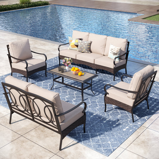 Captiva Designs 5pc Extra Large Metal and Rattan Outdoor Patio Conversation Set with Coffee Table and Loveseat
