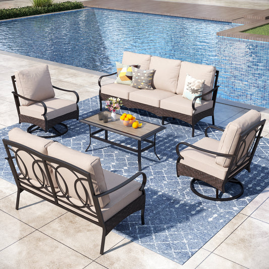 Captiva Designs 5pc Extra Large Metal and Rattan Outdoor Patio Conversation Set with Coffee Table and Loveseat