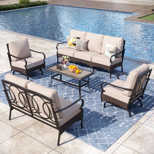 Captiva Designs 5pc Extra Large Metal and Rattan Outdoor Patio Conversation Set with Coffee Table and Loveseat