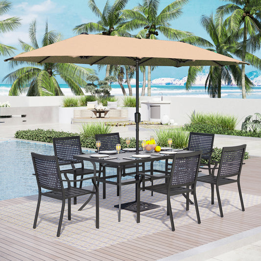 Captiva Designs 8pc Patio Dining Set with Rectangular Steel Table & Black Steel Chairs & Market Umbrella