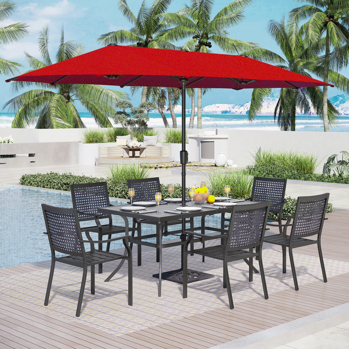 Captiva Designs 8pc Patio Dining Set with Rectangular Steel Table & Black Steel Chairs & Market Umbrella