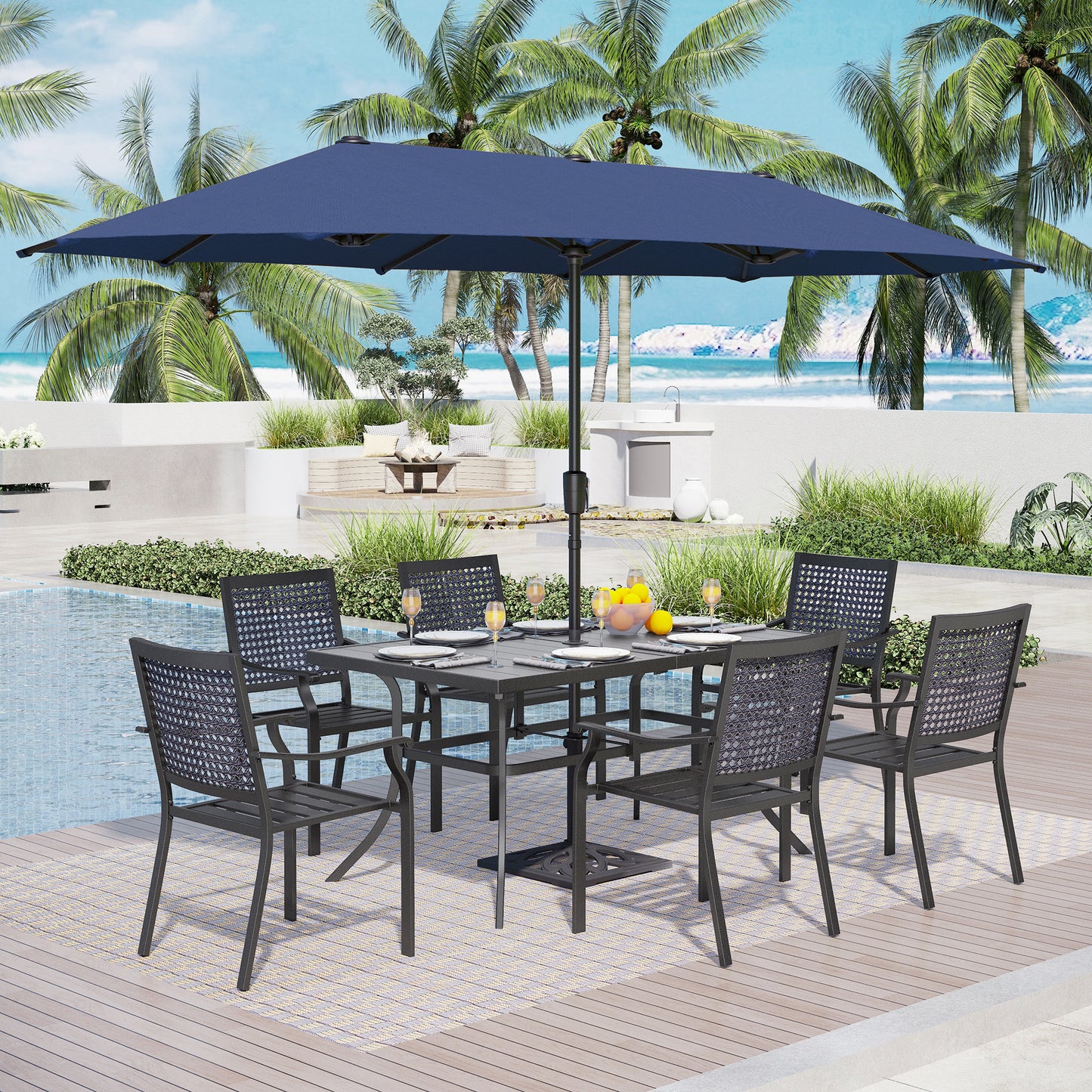 Captiva Designs 8pc Patio Dining Set with Rectangular Steel Table & Black Steel Chairs & Market Umbrella