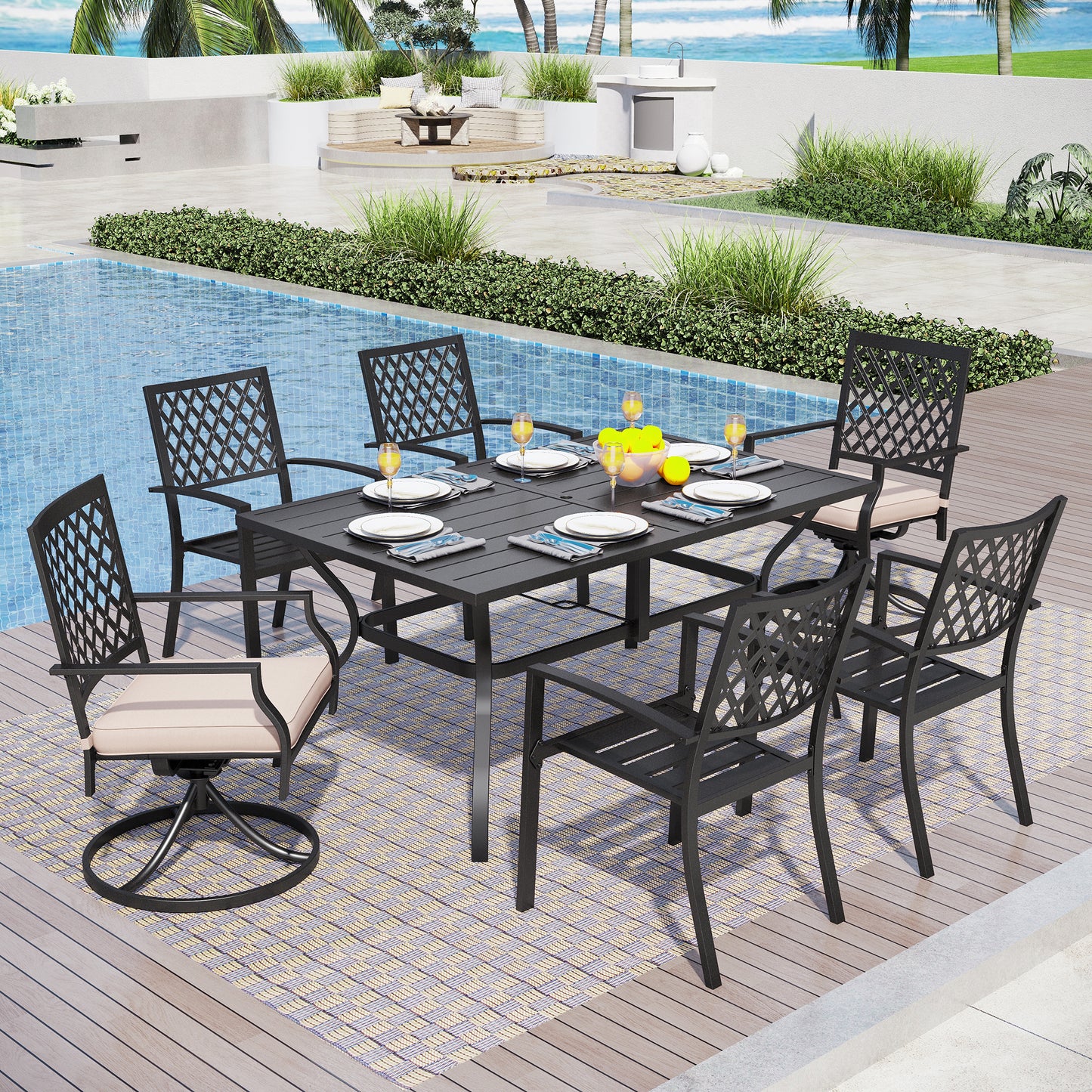 Captiva Designs 7pc Patio Dining Set with Slat-top Rectangle Steel Table & Metal Chairs