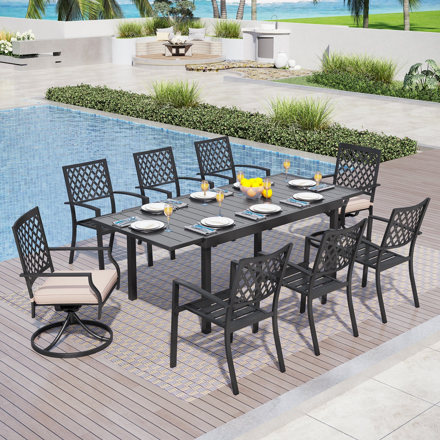 Captiva Designs 9pc Patio Slat-top Adjustable Steel Rectangle Dining Table & Black Metal Chairs