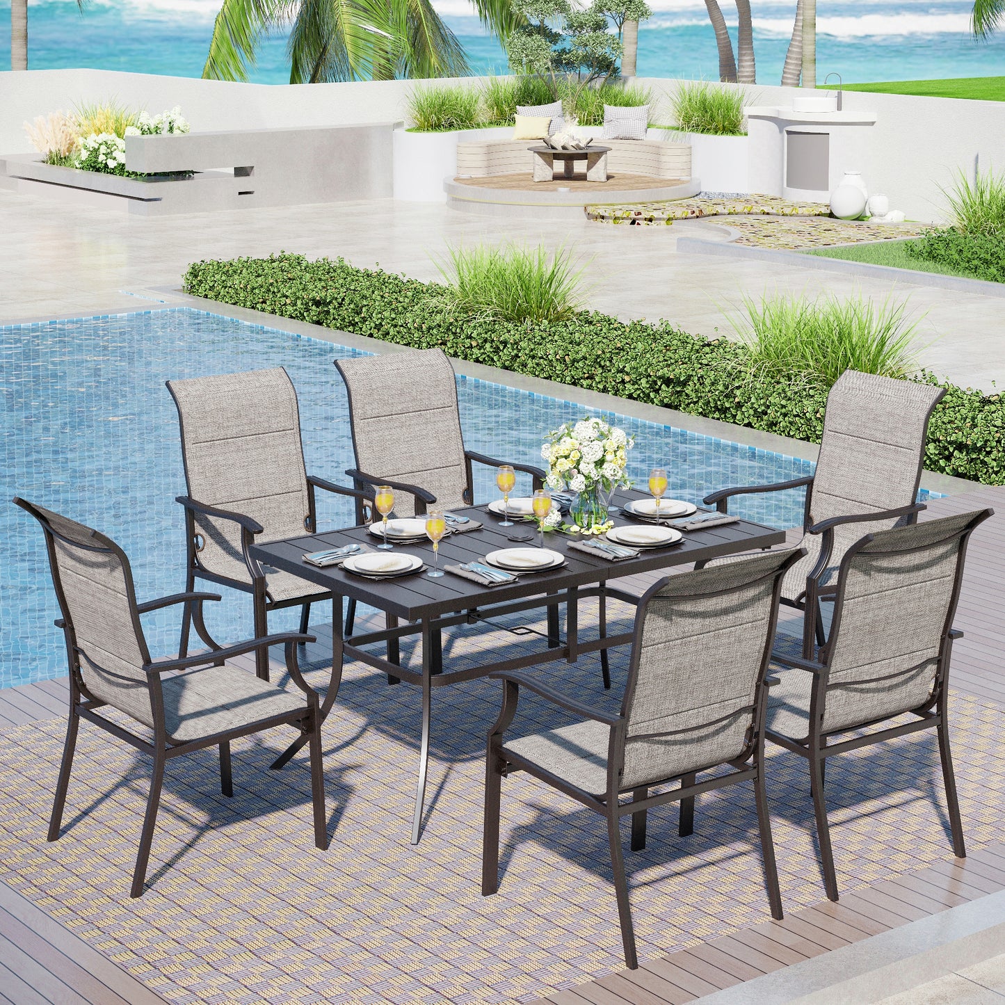 Captiva Designs 7pc Outdoor Dining Metal Rectangle Table with Umbrella Hole & Padded Sling Chairs