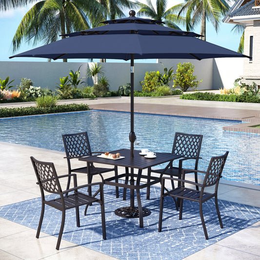 Captiva Designs 6pc Patio Square Dining Table & Stackable Fixed Chairs & 10ft 3 Tier Auto-tilt Umbrella