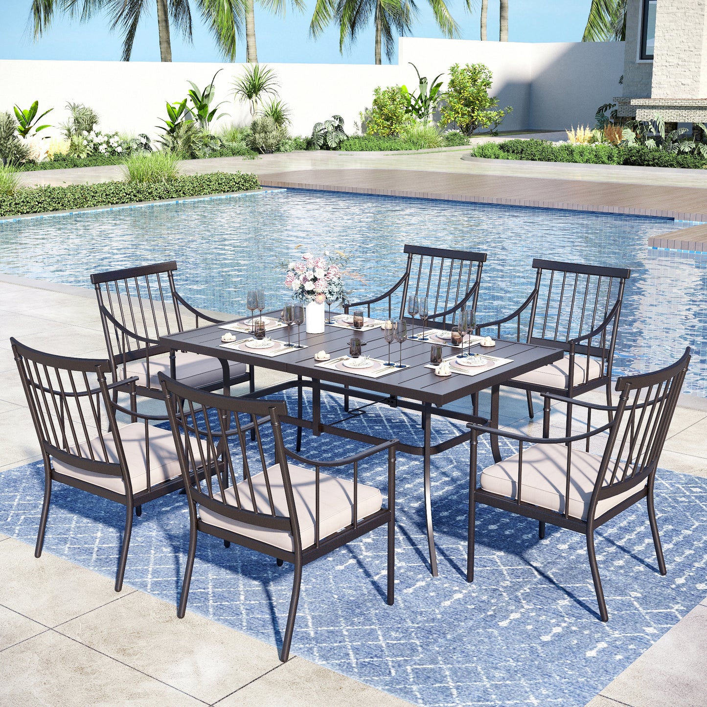Captiva Designs 7pc Outdoor Patio Slat-top Rectangle Dining Steel Table & Armrest Chairs