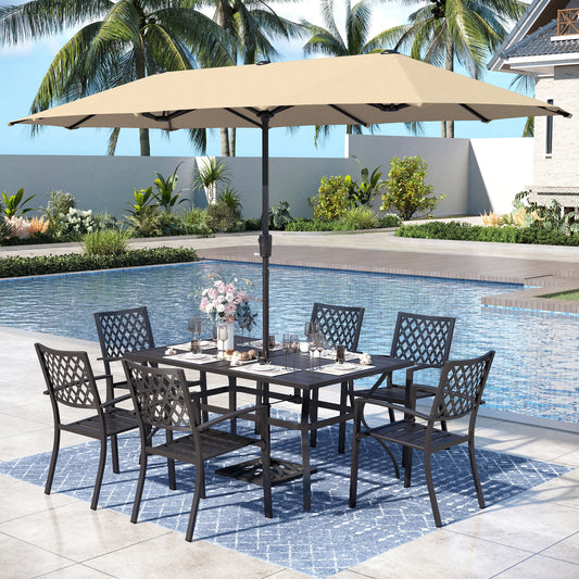 Captiva Designs 8pc Patio Slat-top Rectangle Steel Table & Metal Stackable Chairs  & 13ft Large Umbrella
