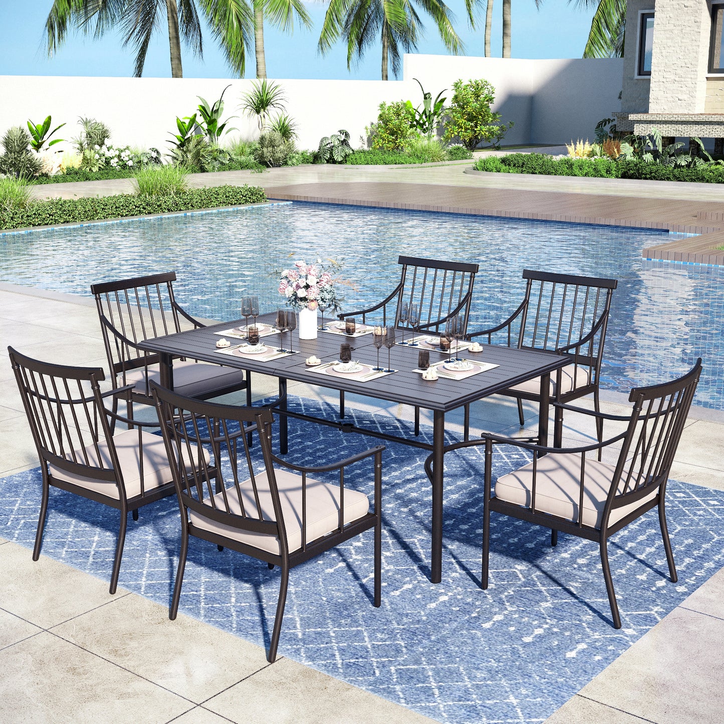 Captiva Designs 7pc Patio Slatted Top Steel Dining Table with Umbrella Hole & Stylish Cushioned Metal Chairs