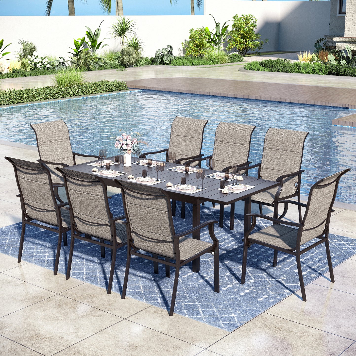 Captiva Designs 9pc Patio Spacious Black Steel Dining Table & High Back Padded Grayish Brown Sling Armrest Chairs