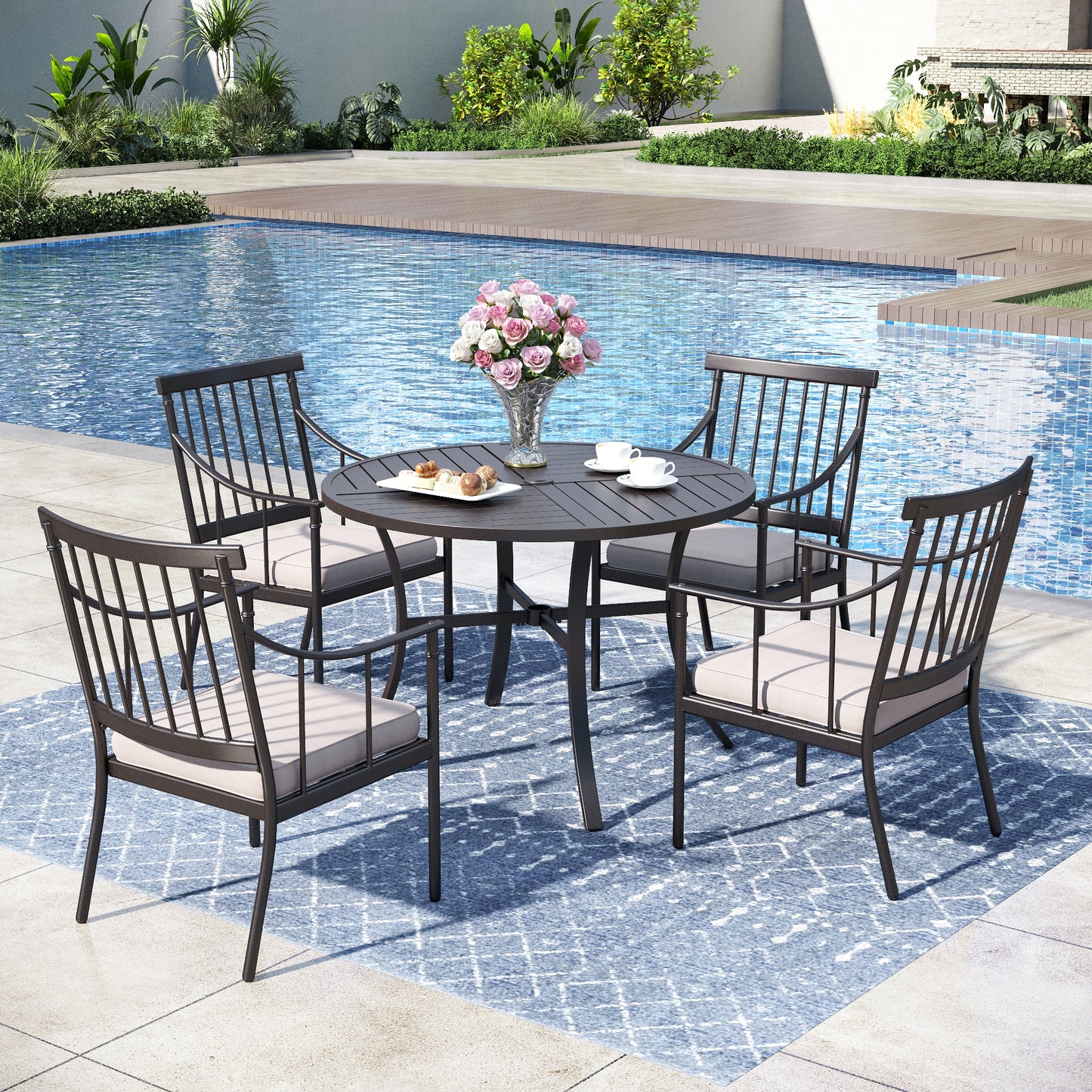 Captiva Designs 5pc Outdoor Patio Steel Dining Table & Stylish Cushioned Metal Chairs