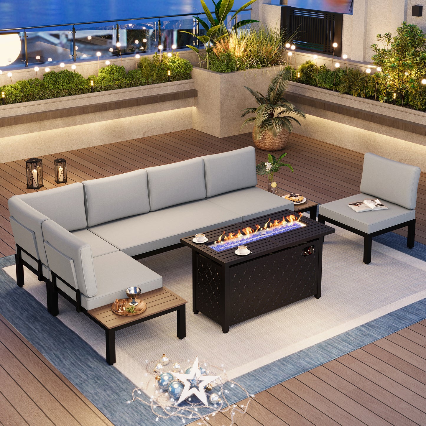 Captiva Designs Outdoor Off-white Conversation Set with Sectional Sofa & Coffee Table & Removable Cushion