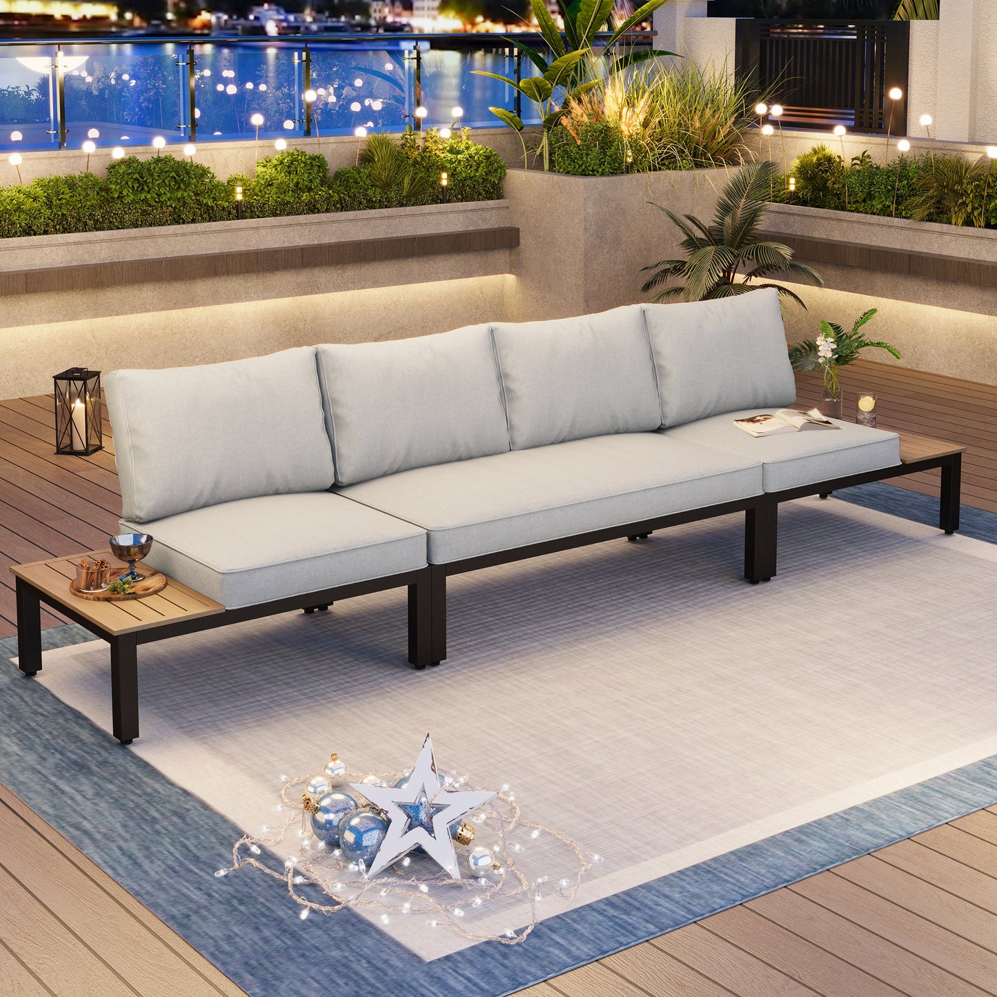 Captiva Designs Outdoor Off-white Conversation Set with Sectional Sofa & Coffee Table & Removable Cushion