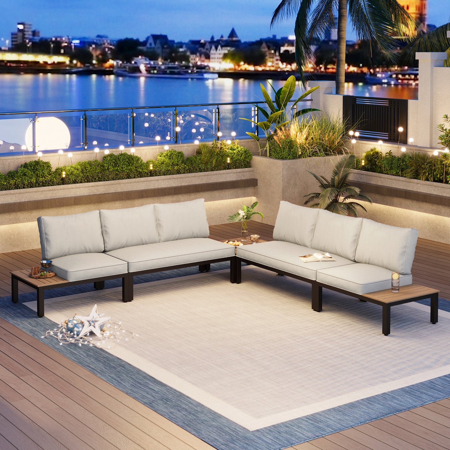 Captiva Designs Outdoor Off-white Conversation Set with Sectional Sofa & Coffee Table & Removable Cushion