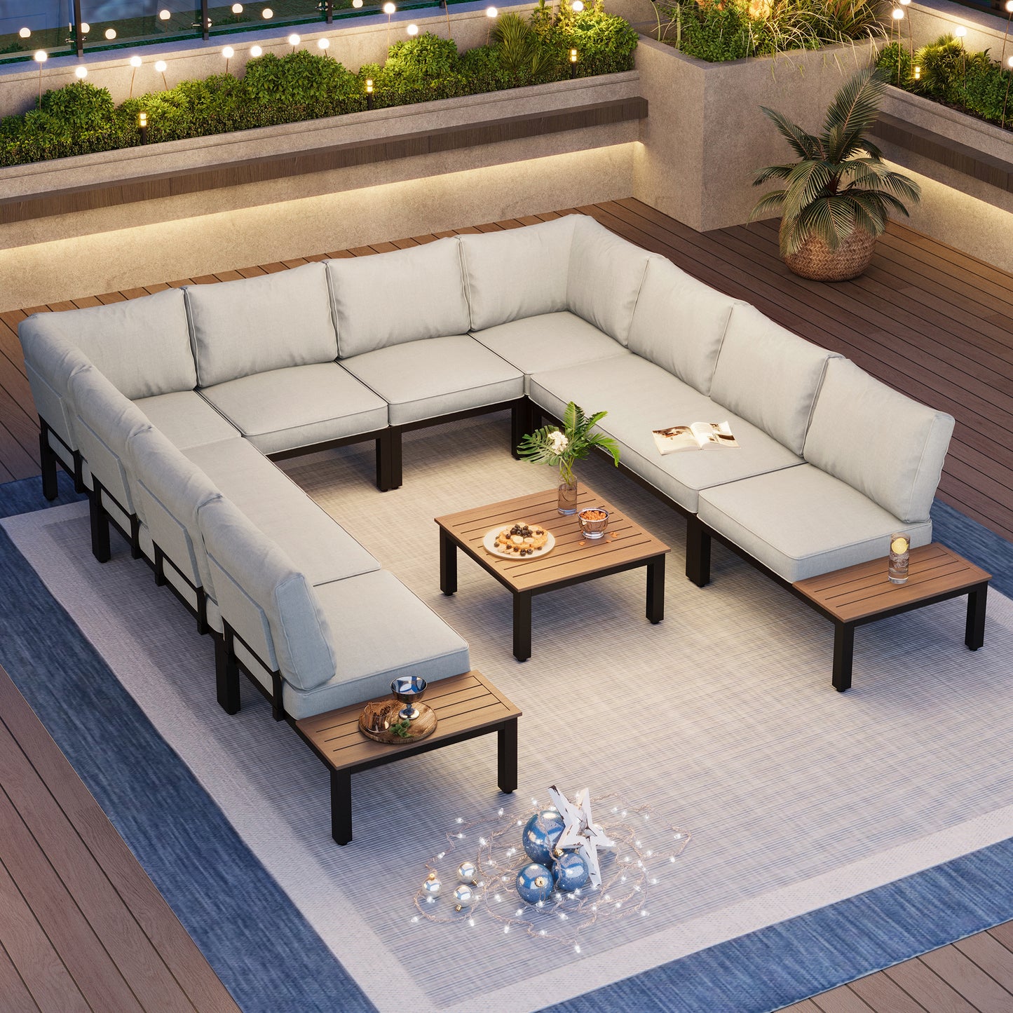 Captiva Designs Outdoor Off-white Conversation Set with Sectional Sofa & Coffee Table & Removable Cushion