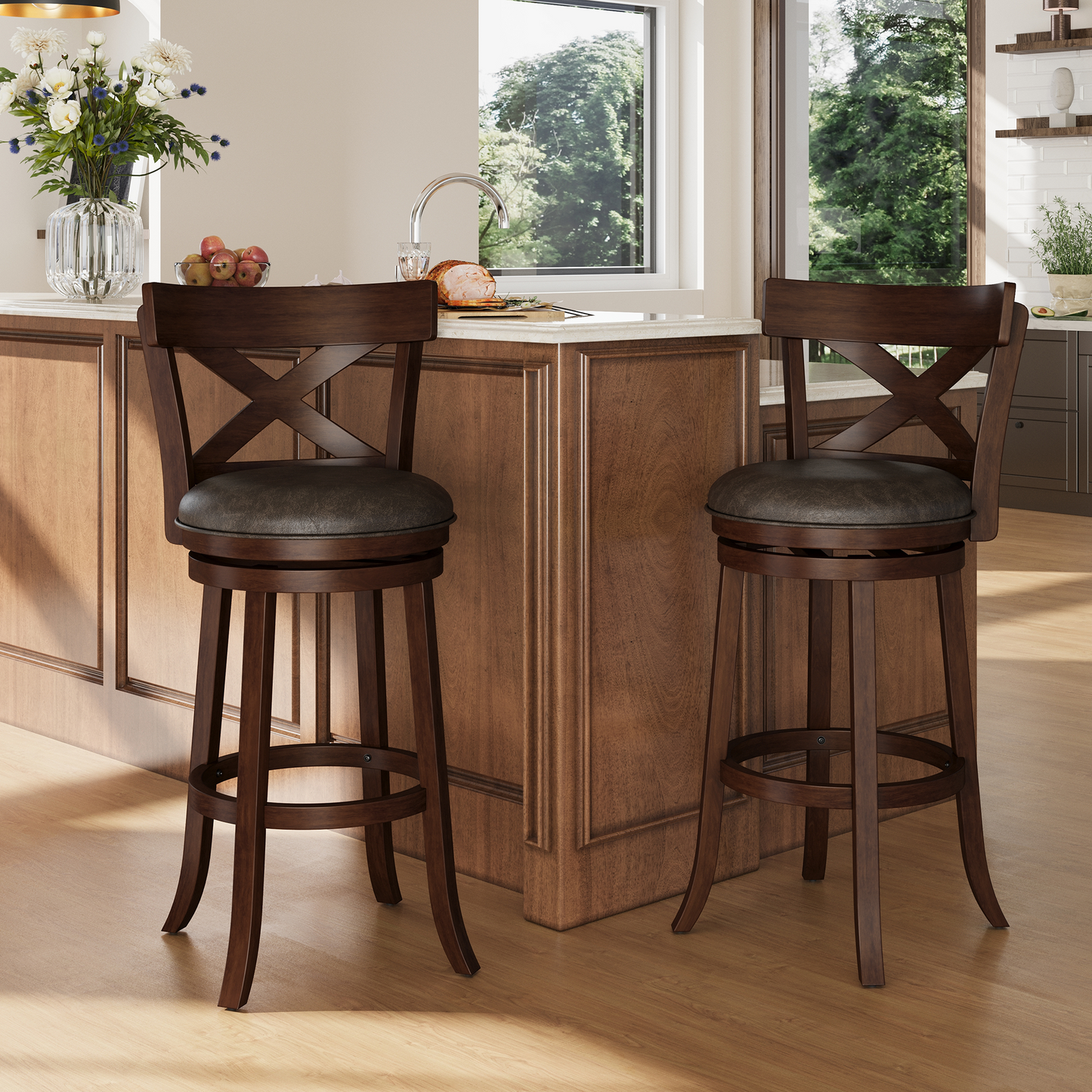 Captiva Designs 30 inch Swivel Bar Stools with Faux Leather Upholstered Seat & Rubberwood Frame & Wrap-Around Footrest