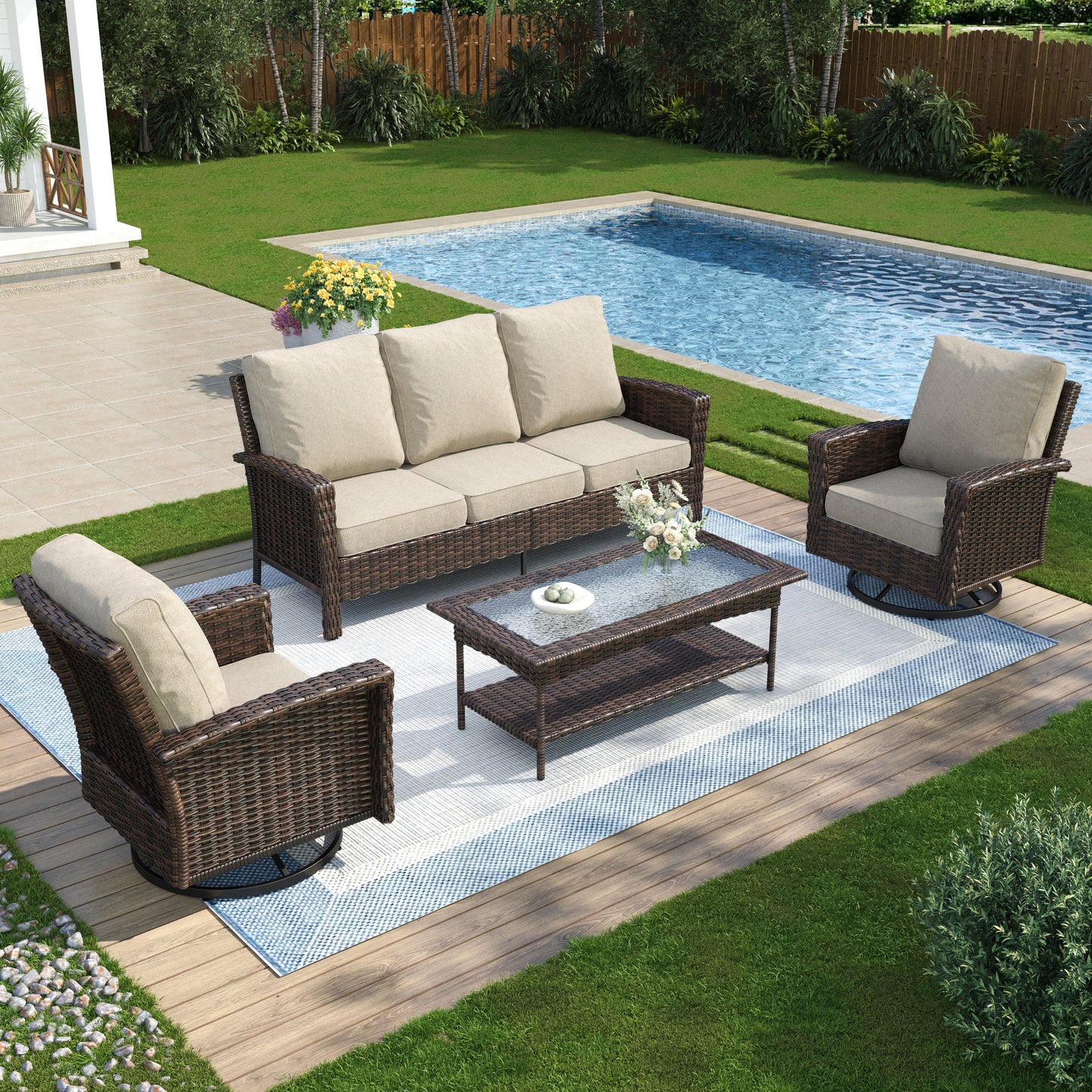 Captiva Designs 4pc Oversized Patio Outdoor Wicker Furniture Conversation Sofa Set with Coffee Table for Garden Yard Porch