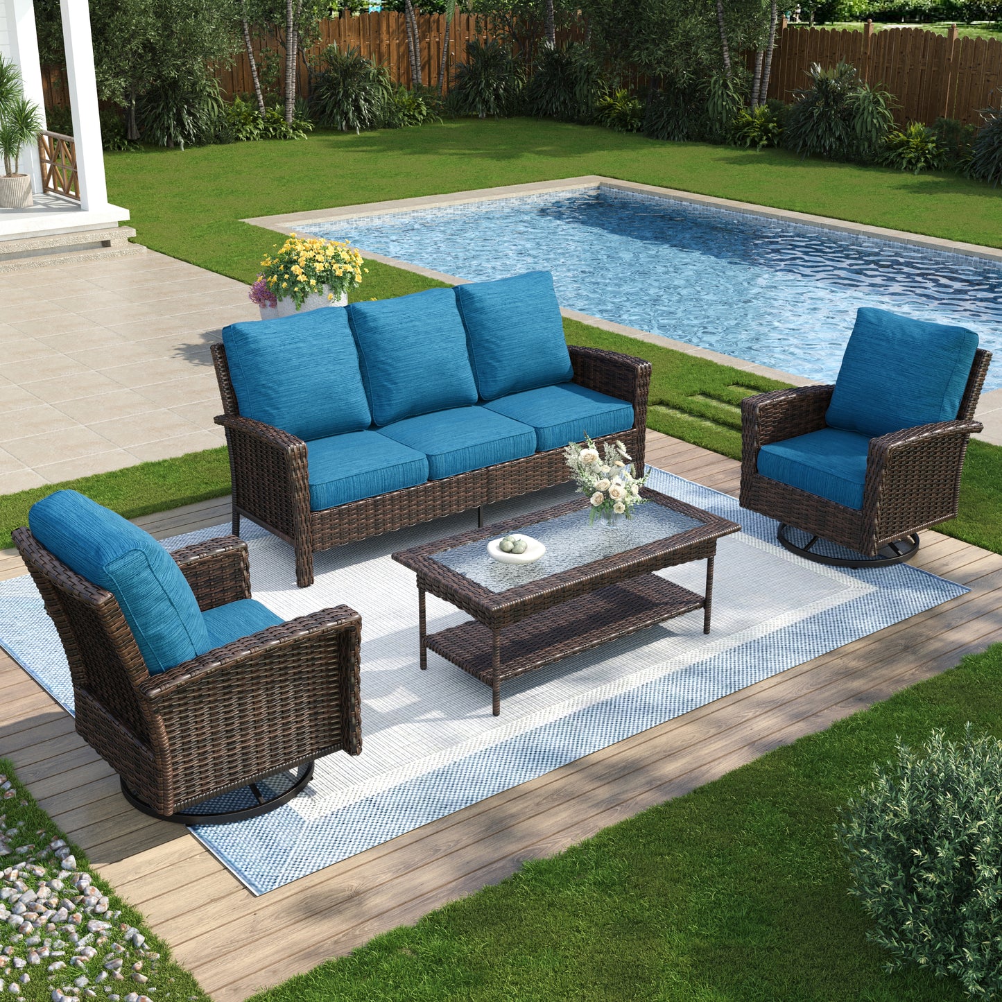 Captiva Designs 4pc Oversized Patio Outdoor Wicker Furniture Conversation Sofa Set with Coffee Table for Garden Yard Porch