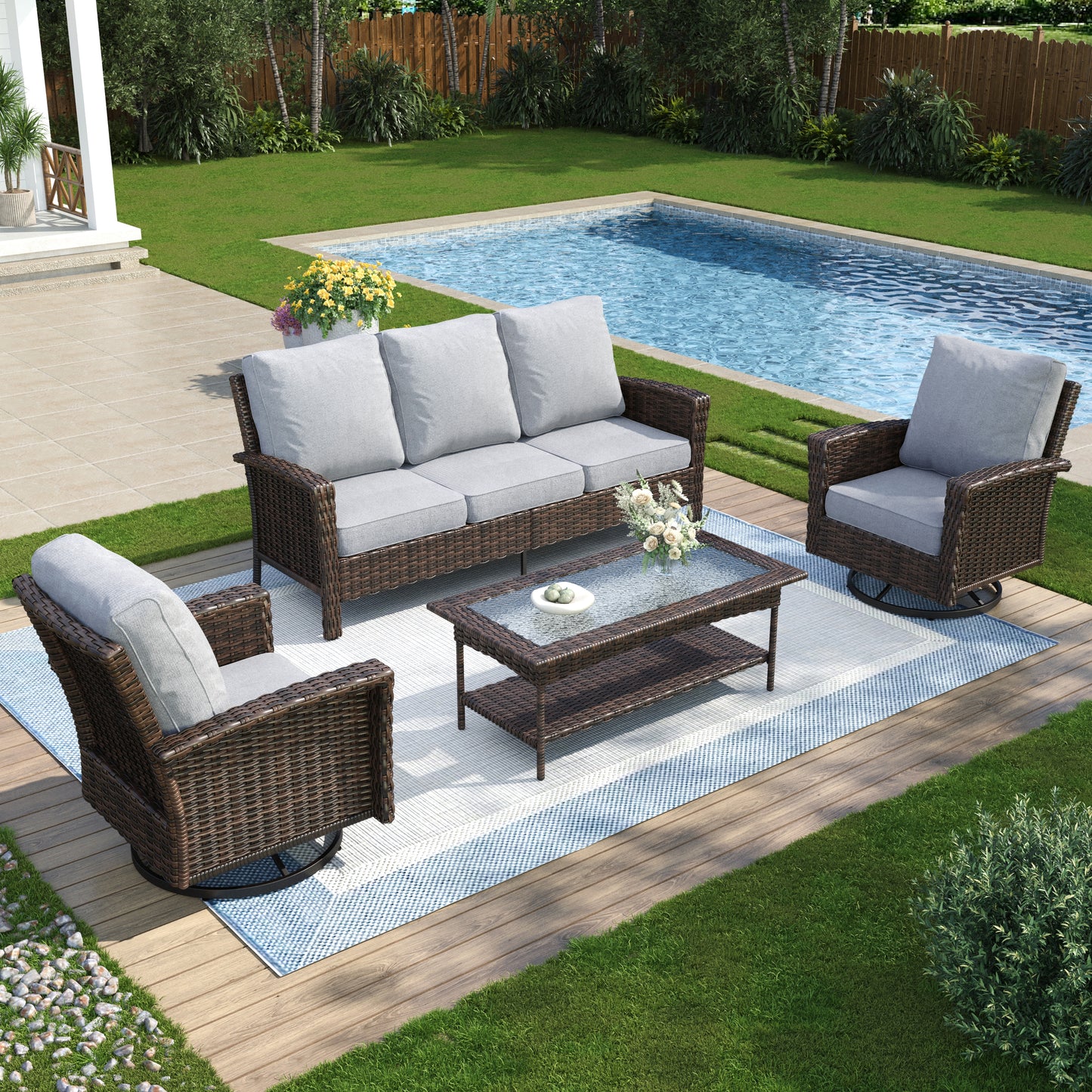 Captiva Designs 4pc Oversized Patio Outdoor Wicker Furniture Conversation Sofa Set with Coffee Table for Garden Yard Porch