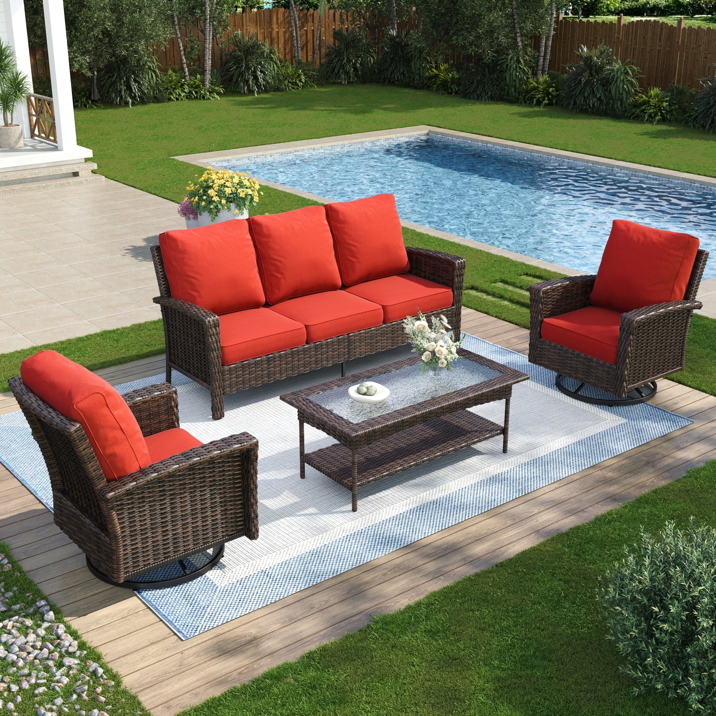 Captiva Designs 4pc Oversized Patio Outdoor Wicker Furniture Conversation Sofa Set with Coffee Table for Garden Yard Porch