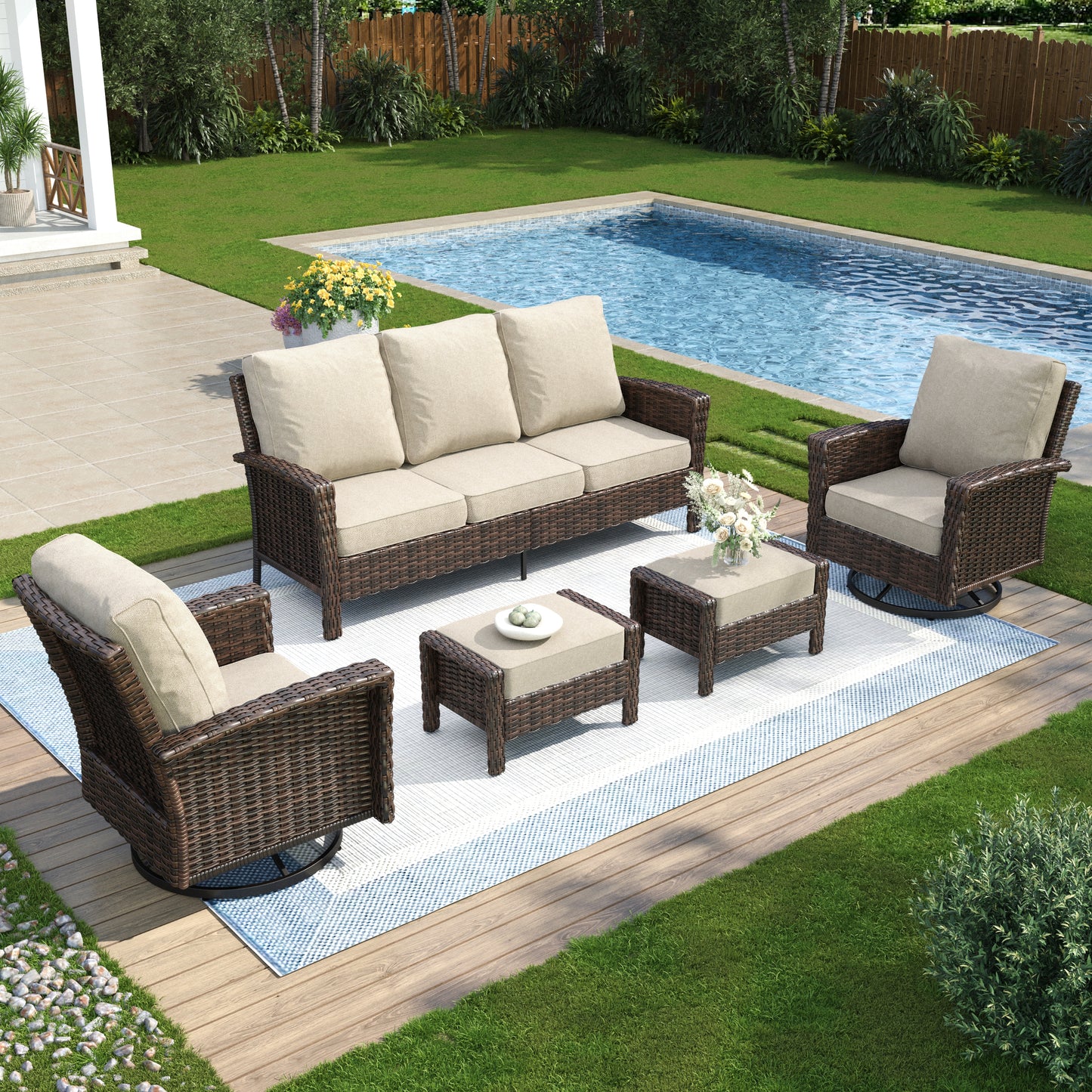 Captiva Designs 5 件套超大露台户外柳条家具会客沙发套装带脚凳适用于花园庭院门廊