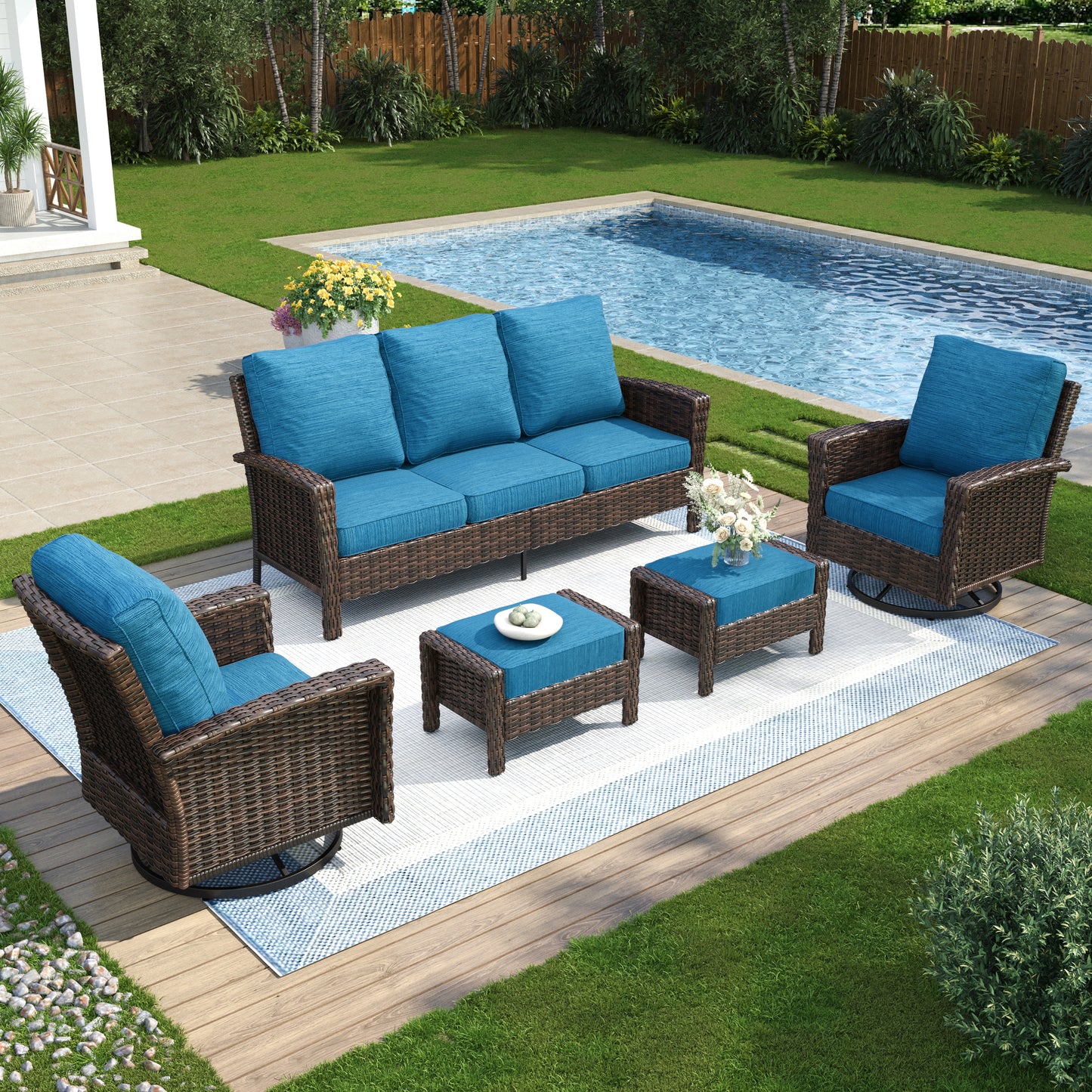 Captiva Designs 5 件套超大露台户外柳条家具会客沙发套装带脚凳适用于花园庭院门廊