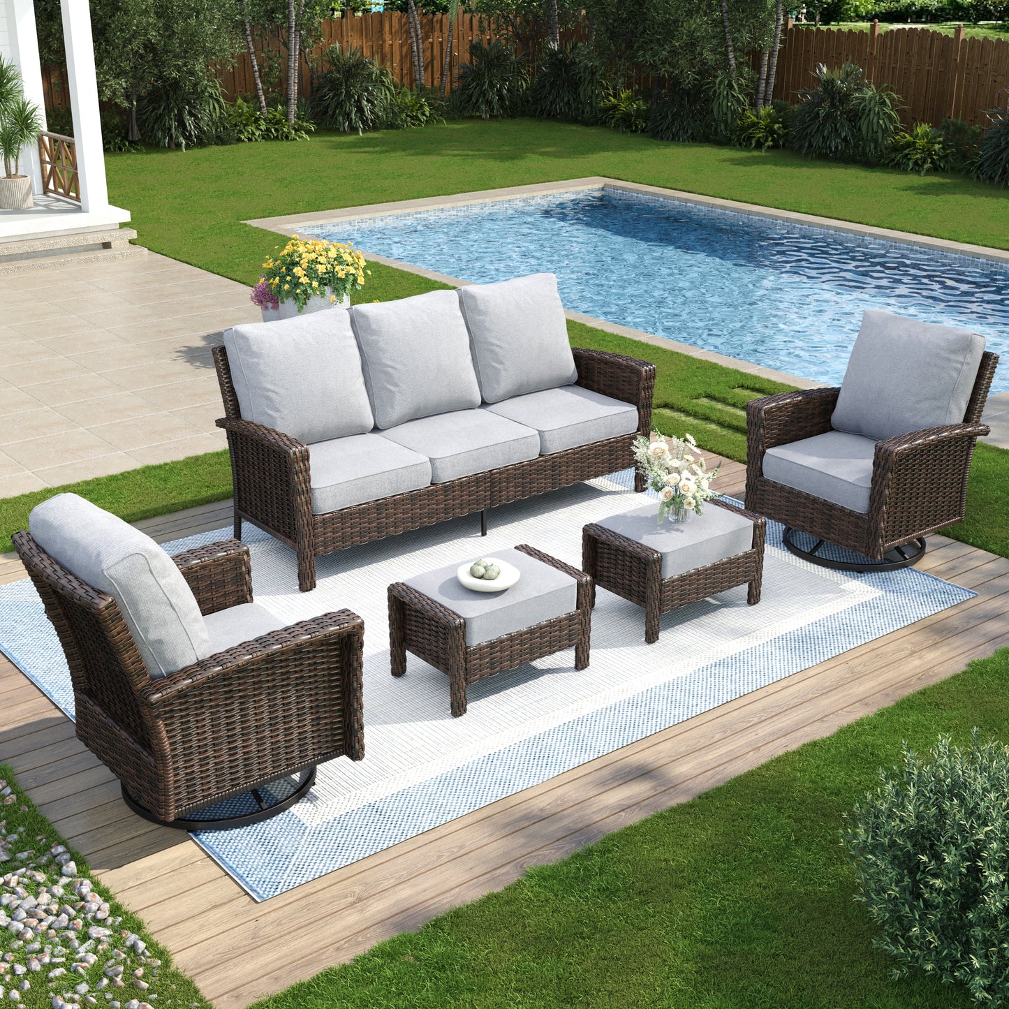 Captiva Designs 5 件套超大露台户外柳条家具会客沙发套装带脚凳适用于花园庭院门廊