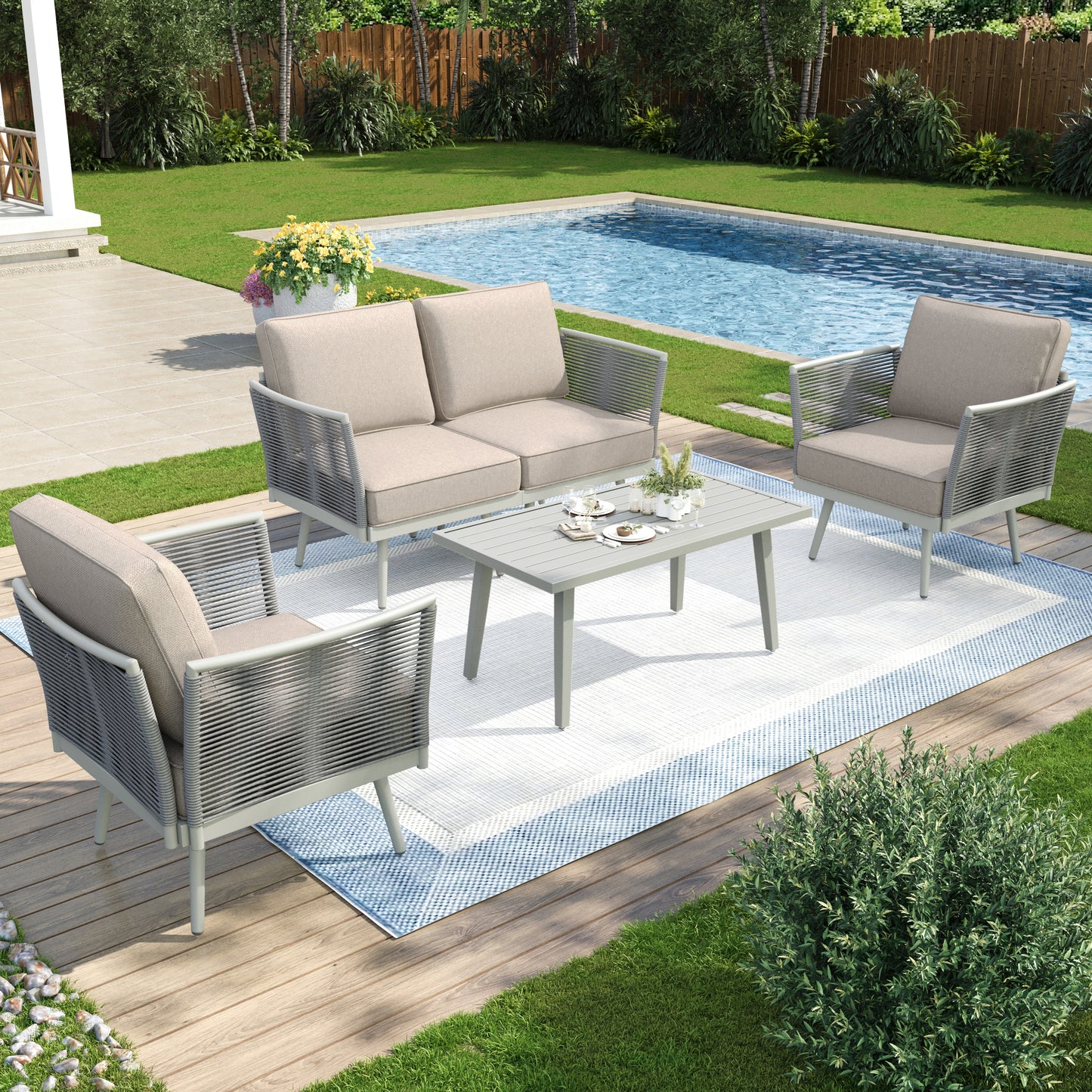 Captiva Designs Outdoor Patio Rope Rattan Furniture Conversation Sets with Coffee Table