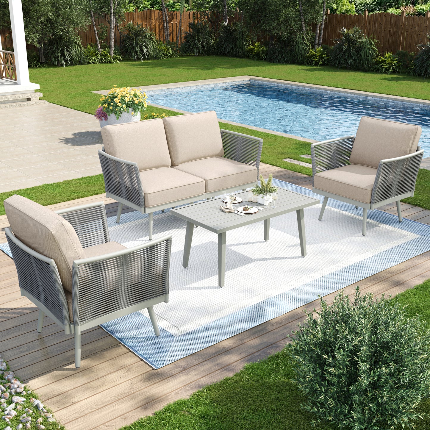 Captiva Designs Outdoor Patio Rope Rattan Furniture Conversation Sets with Coffee Table