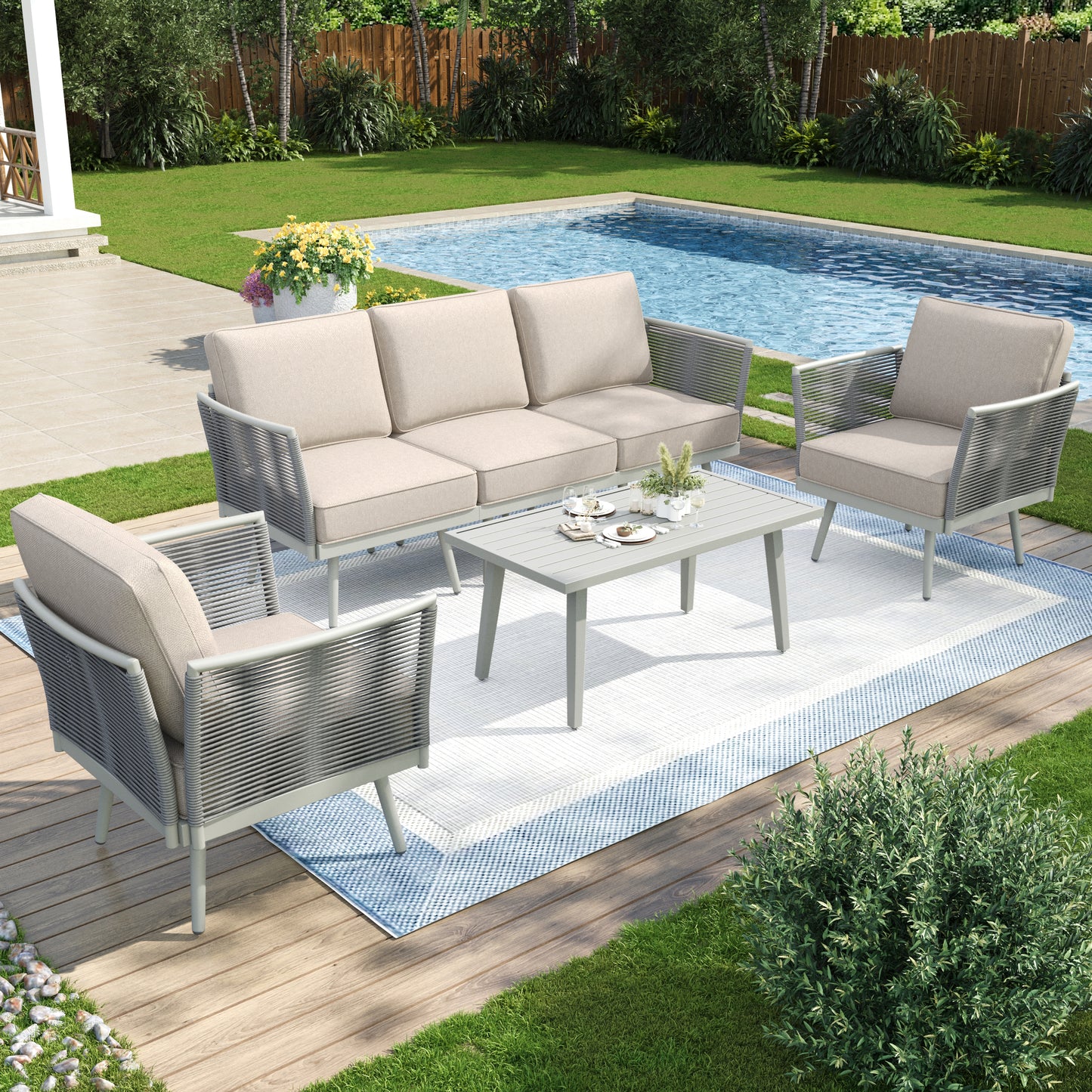 Captiva Designs Outdoor Patio Rope Rattan Furniture Conversation Sets with Coffee Table