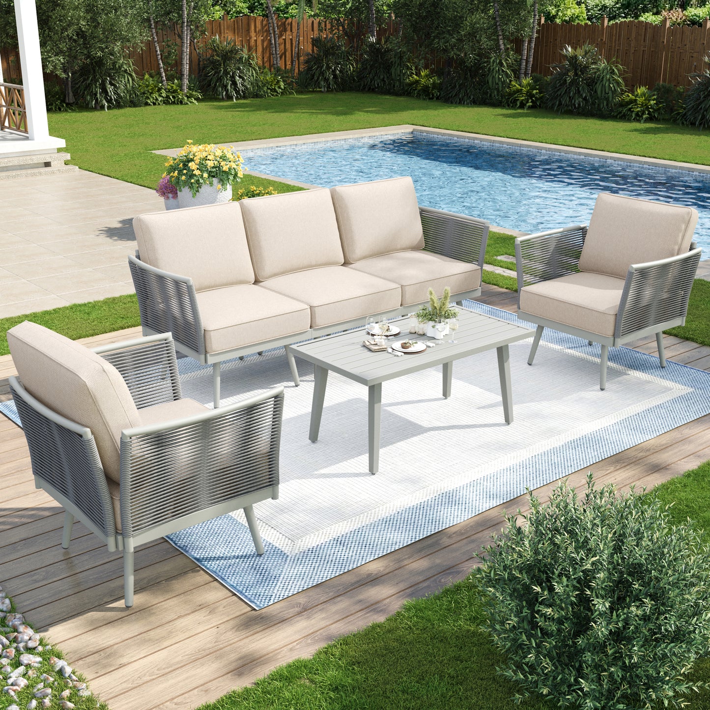Captiva Designs Outdoor Patio Rope Rattan Furniture Conversation Sets with Coffee Table