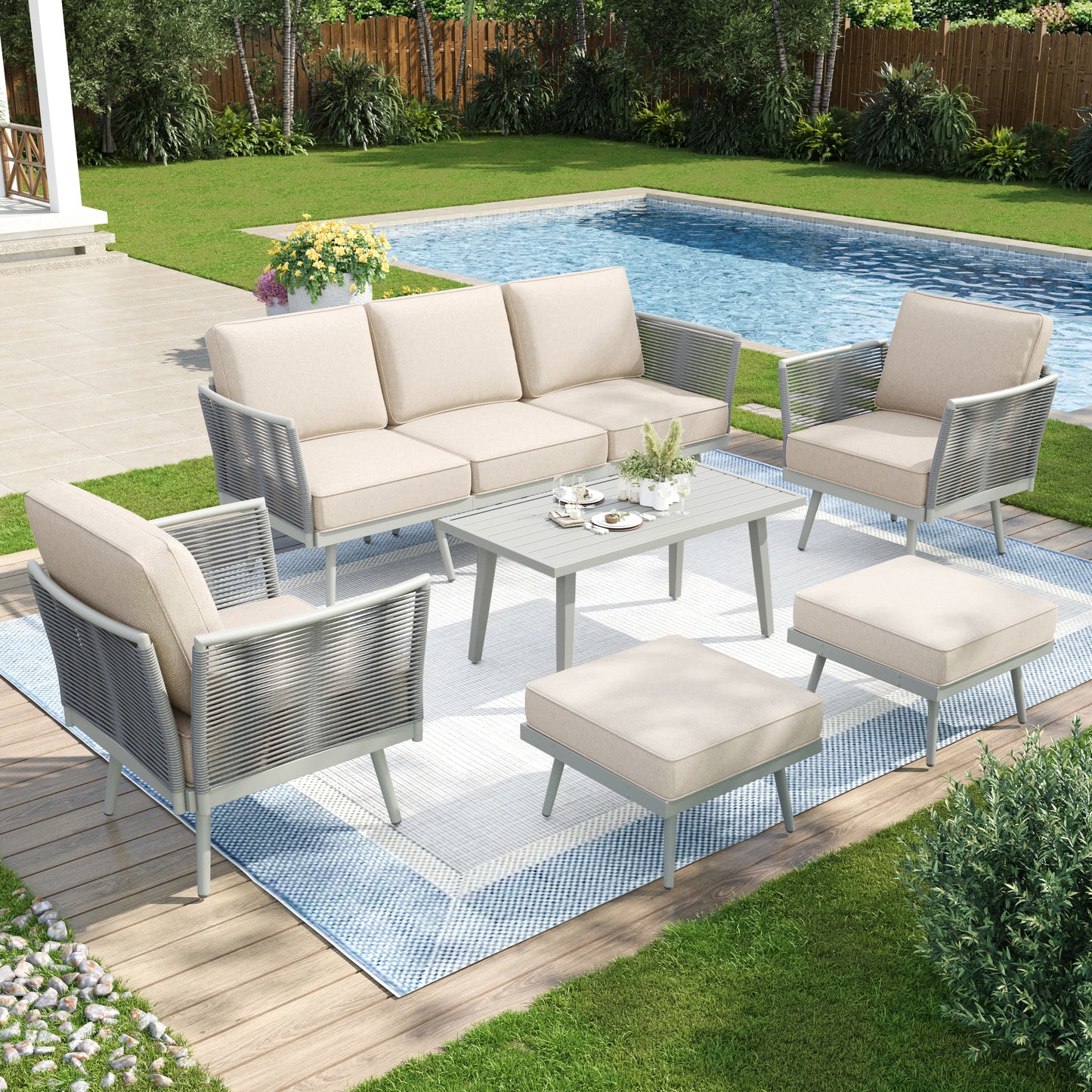 Captiva Designs Outdoor Patio Rope Rattan Furniture Conversation Sets with Coffee Table