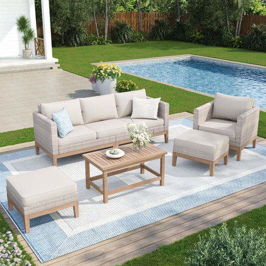 Captiva Designs 5pc outdoor patio wicker rattan cushioned conversation set with armchairs, ottomans and solid wood table
