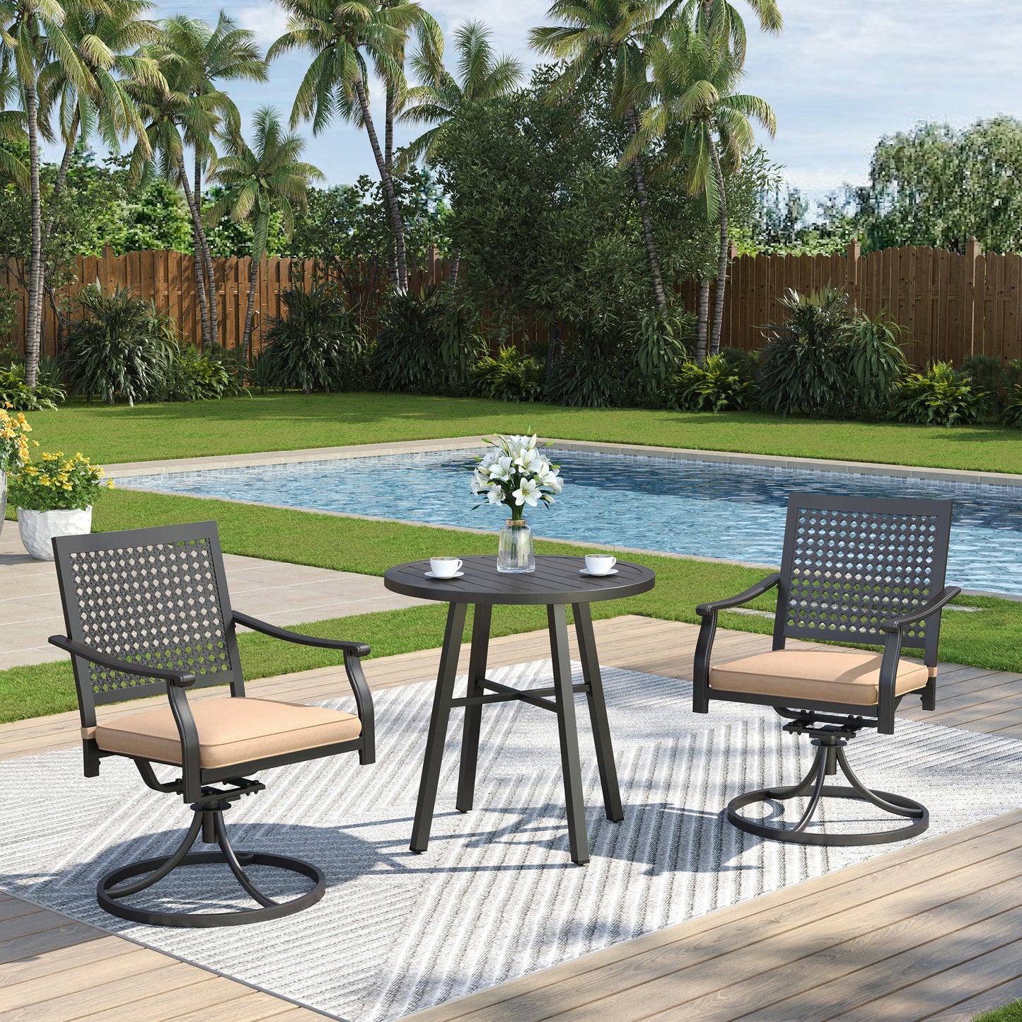 Captiva Designs 3pc Outdoor Patio Slatted Tabletop Round Dining Table & Metal Chairs