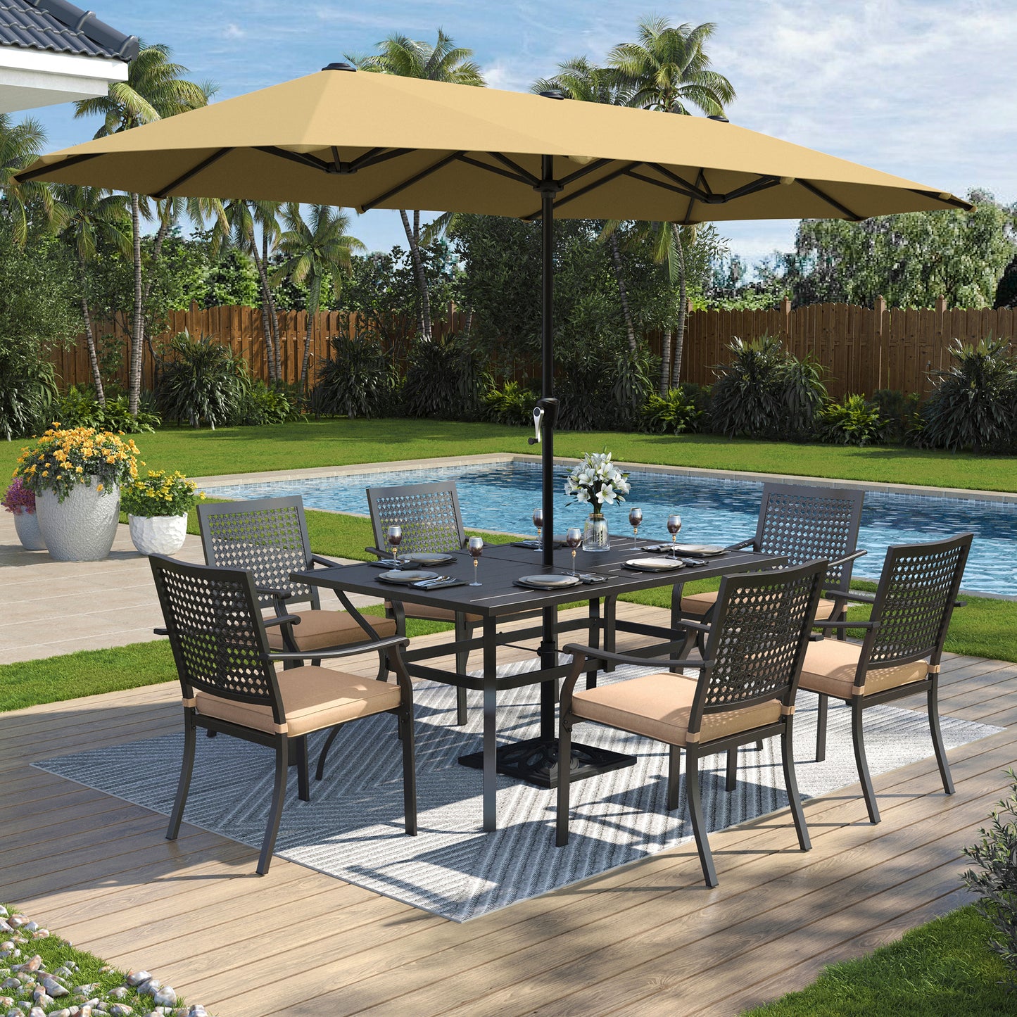 Captiva Designs 8pc Patio Slat-top Dining Steel Table & Stackable Steel Chairs & Market Umbrella