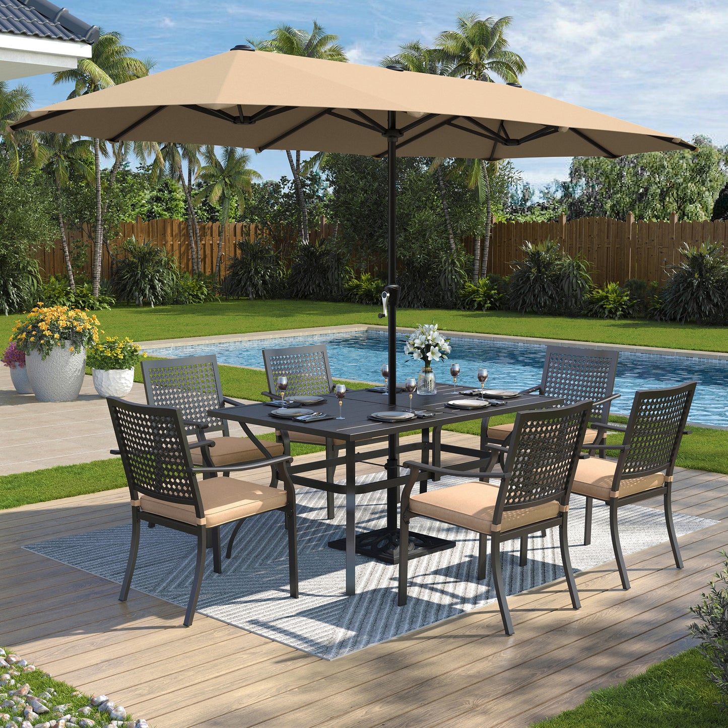 Captiva Designs 8pc Patio Slat-top Dining Steel Table & Stackable Steel Chairs & Market Umbrella