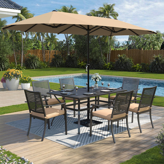 Captiva Designs 8pc Patio Slat-top Dining Steel Table & Stackable Steel Chairs & Market Umbrella