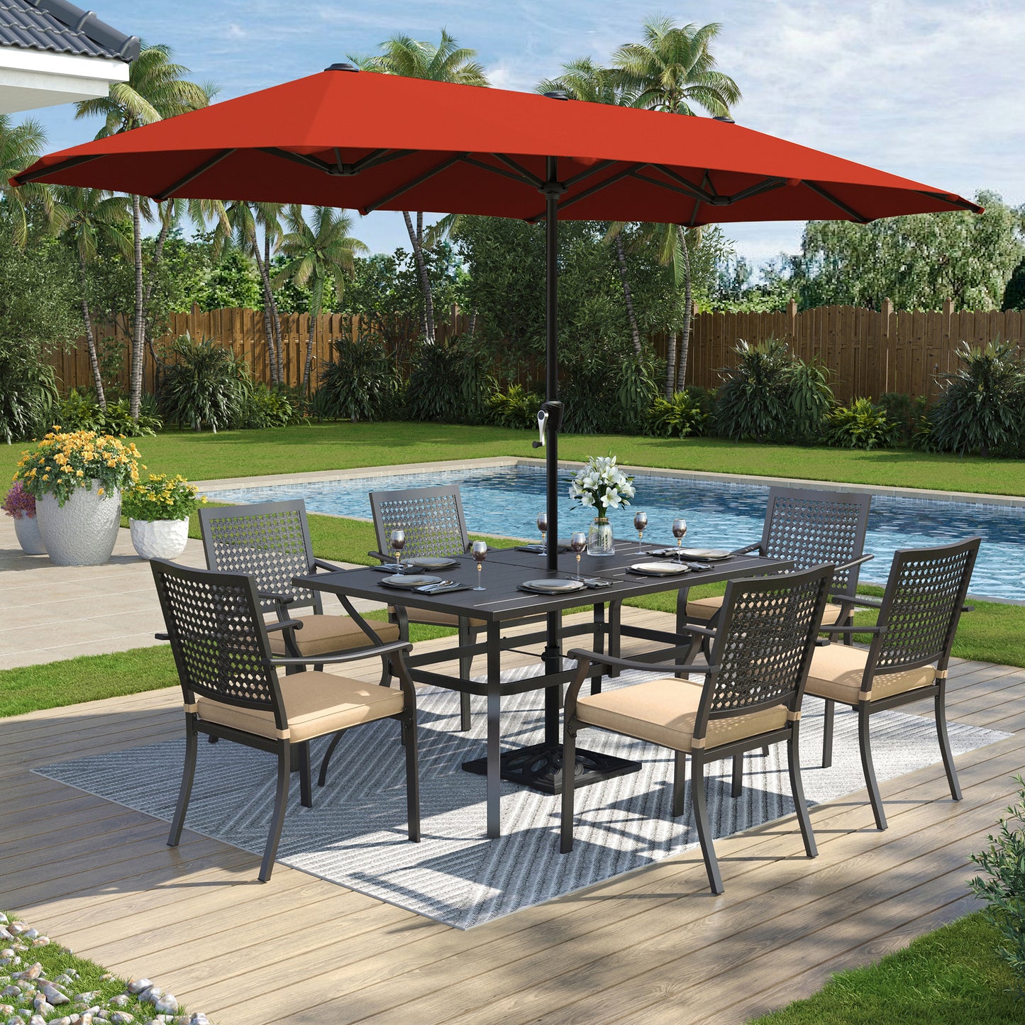 Captiva Designs 8pc Patio Slat-top Dining Steel Table & Stackable Steel Chairs & Market Umbrella